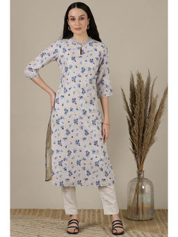 Aurelia - Beige Floral Printed with Straight Kota Kurta