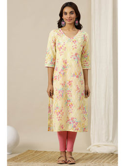 Aurelia - Yellow Floral Printed Schiffli Embroidered Straight Kurta