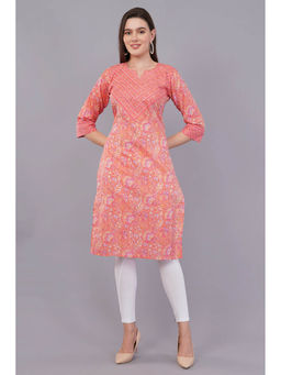 Vbuyz - Womens Floral Print Straight Cotton Orange Stitched Kurta