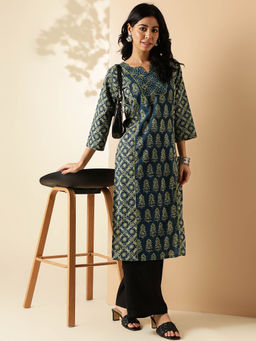 Vbuyz - Womens Print Straight Cotton Aqua Blue Stitched Kurta