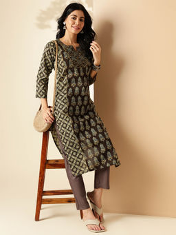 Vbuyz - Womens Print Straight Cotton Brown Stitched Kurta