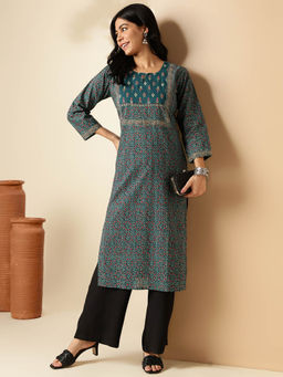 Vbuyz - Womens Print Straight Cotton Blue Stitched Kurta