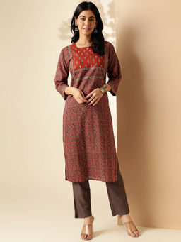 Vbuyz - Womens Print Straight Cotton Maroon Stitched Kurta