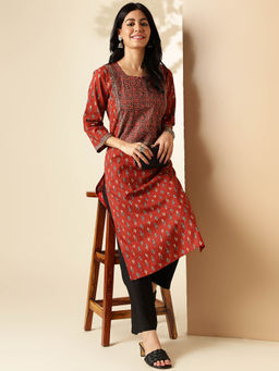 Vbuyz - Womens Block Print Straight Cotton Maroon Stitched Kurta