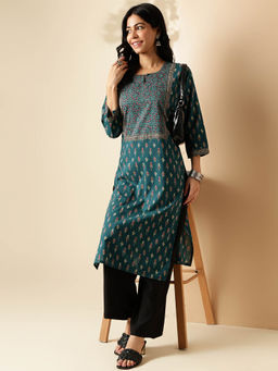 Vbuyz - Womens Block Print Straight Cotton Dark Rama Stitched Kurta