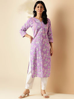 Vbuyz - Womens Floral Print Straight Cotton Lavender Stitched Kurta