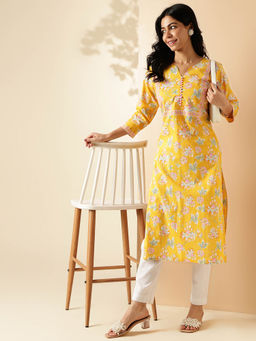 Vbuyz - Womens Floral Print Straight Cotton Yellow Stitched Kurta