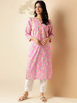 Vbuyz - Womens Floral Print Straight Cotton Pink Stitched Kurta