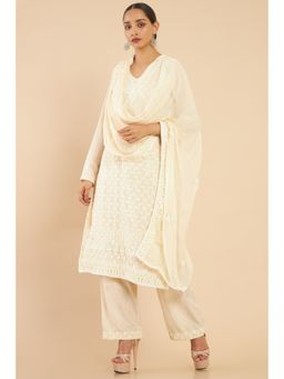 Soch - Women Beige Embroidered Dress Material (Set of 3)