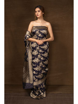 VISHWA - Navy Blue Floral Banarsi Silk Saree with Unstitched Blouse