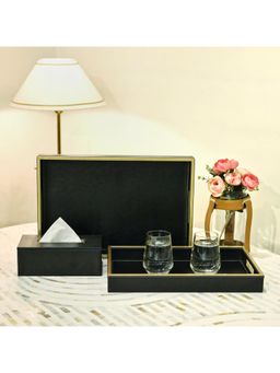 CasaGold - Leather Set Of 2 Serving Trays with Tissue Box- Black