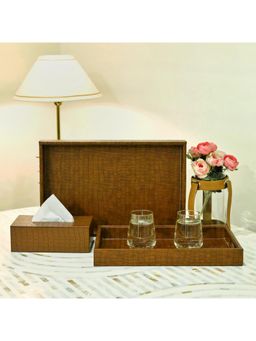 CasaGold - Leather Set Of 2 Serving Trays with Tissue Box-Tan Brown