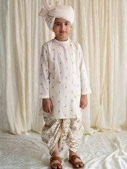 TIBER TABER - Boys Nawab Dhoti Kurta Cotton Gold Print - Cream (Set of 2)