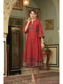 Juniper - Red Ethnic Motif Printed Georgette Flared Dress.