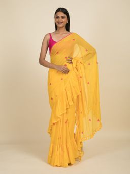 Suta - Yellow Heart Block Printed Ruffle Saree