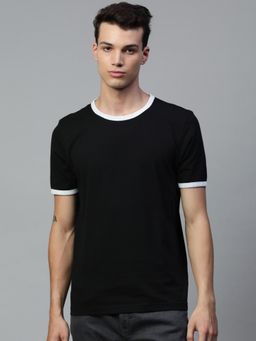 Huetrap - Mens Black Short Sleeve Round Neck Solid Ringer Tee