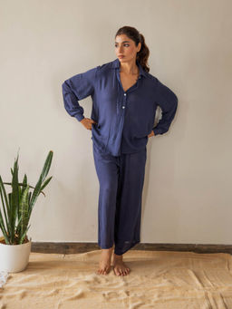 Kapraaha - Navy Solid Kurta (Set of 2)