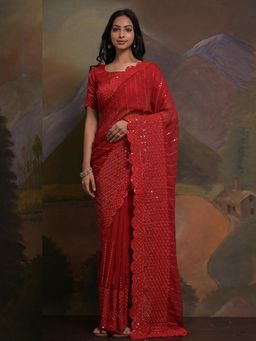 Akhilam - Women's Georgette Red Embellished Designer Saree with Unstitched Blouse