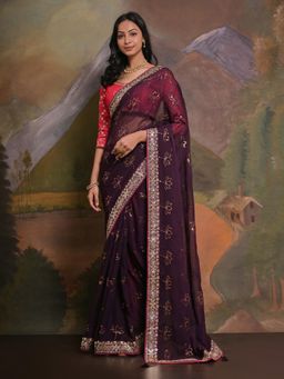 Akhilam - Women's Georgette Burgundy Embellished Designer Saree with Unstitched Blouse