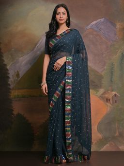 Akhilam - Women's Georgette Teal Blue Embellished Designer Saree with Unstitched Blouse