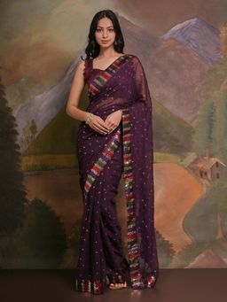 Akhilam - Women's Georgette Purple Embellished Designer Saree with Unstitched Blouse