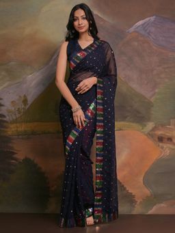 Akhilam - Women's Georgette Navy Blue Embellished Designer Saree with Unstitched Blouse