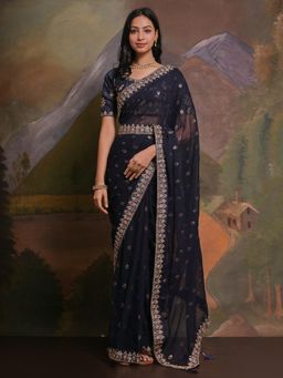 Akhilam - Women's Georgette Navy Blue Embellished Designer Saree with Unstitched Blouse and Belt