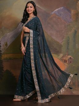 Akhilam - Women's Georgette Teal Blue Embellished Designer Saree with Unstitched Blouse and Belt