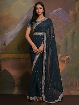 Akhilam - Women's Georgette Teal Blue Embellished Designer Saree with Unstitched Blouse and Belt