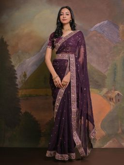 Akhilam - Women's Georgette Purple Embellished Designer Saree with Unstitched Blouse and Belt