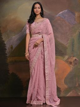 Akhilam - Women's Georgette Pink Embellished Designer Saree with Unstitched Blouse and Belt