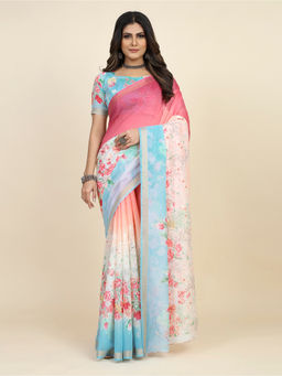 Akhilam - Women's Cotton Blend Pink Floral Designer Saree with Unstitched Blouse