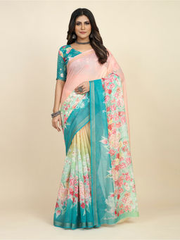 Akhilam - Women's Cotton Blend Peach Floral Designer Saree with Unstitched Blouse