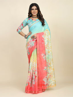 Akhilam - Women's Cotton Blend Teal Floral Designer Saree with Unstitched Blouse