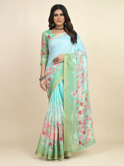 Akhilam - Women's Cotton Blend Teal Floral Designer Saree with Unstitched Blouse