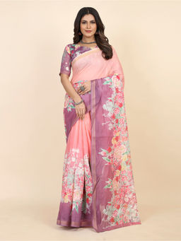 Akhilam - Women's Cotton Blend Peach Floral Designer Saree with Unstitched Blouse