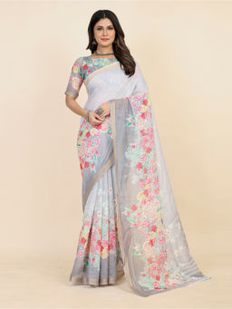Akhilam - Women's Cotton Blend Grey Floral Designer Saree with Unstitched Blouse