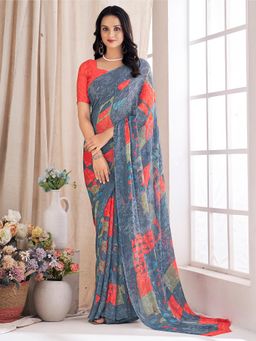 Akhilam - Women's Chiffon Grey Printed Designer Saree with Unstitched Blouse