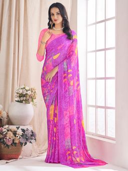 Akhilam - Women's Chiffon Pink Printed Designer Saree with Unstitched Blouse