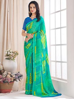 Akhilam - Women's Chiffon Teal Green Printed Designer Saree with Unstitched Blouse