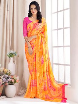 Akhilam - Women's Chiffon Yellow Printed Designer Saree with Unstitched Blouse