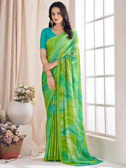 Akhilam - Women's Chiffon Green Printed Designer Saree with Unstitched Blouse