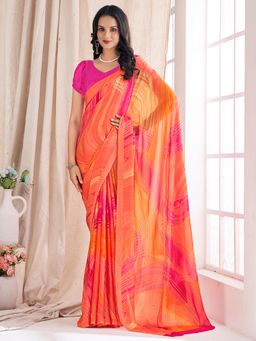 Akhilam - Women's Chiffon Orange Printed Designer Saree with Unstitched Blouse