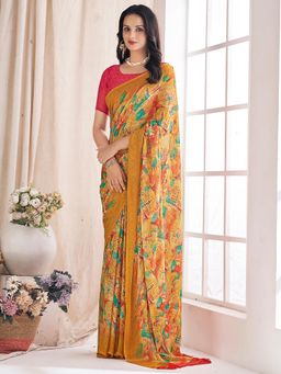 Akhilam - Women's Chiffon Yellow Printed Designer Saree with Unstitched Blouse