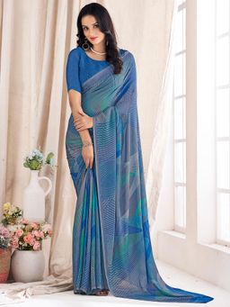 Akhilam - Women's Chiffon Blue Printed Designer Saree with Unstitched Blouse