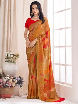 Akhilam - Women's Chiffon Beige Printed Designer Saree with Unstitched Blouse