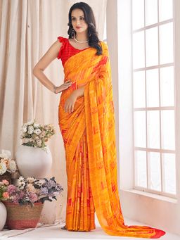 Akhilam - Women's Chiffon Yellow Printed Designer Saree with Unstitched Blouse