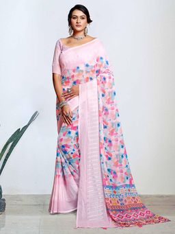 Akhilam - Women's Georgette Pink Digital Print Designer Saree with Unstitched Blouse