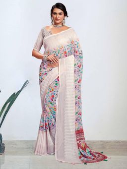 Akhilam - Women's Georgette Off White Digital Print Designer Saree with Unstitched Blouse