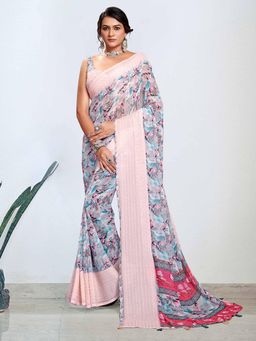Akhilam - Women's Georgette Rose Gold Digital Print Designer Saree with Unstitched Blouse